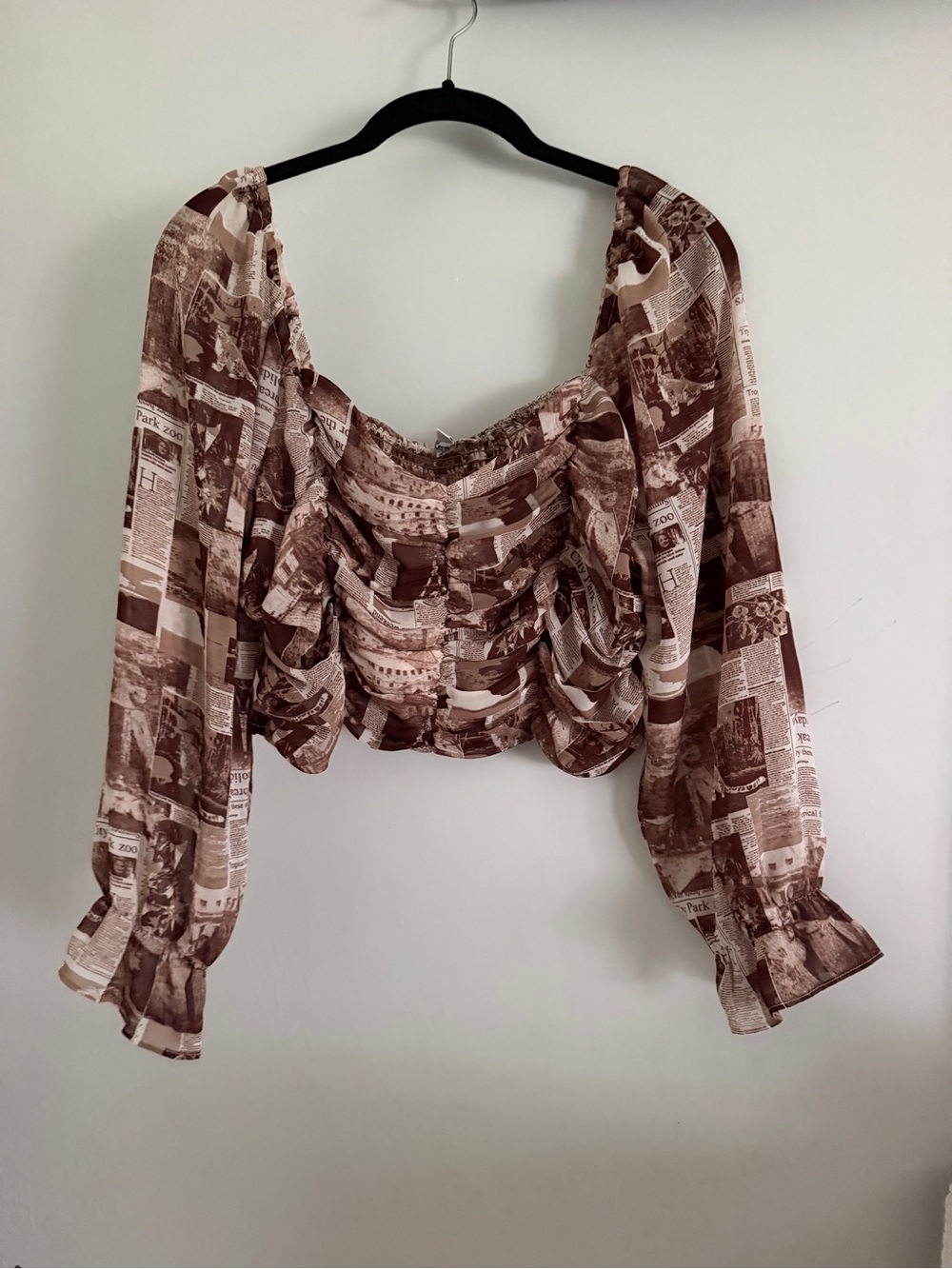 Ruched Brown Print Long-Sleeve Crop Blouse